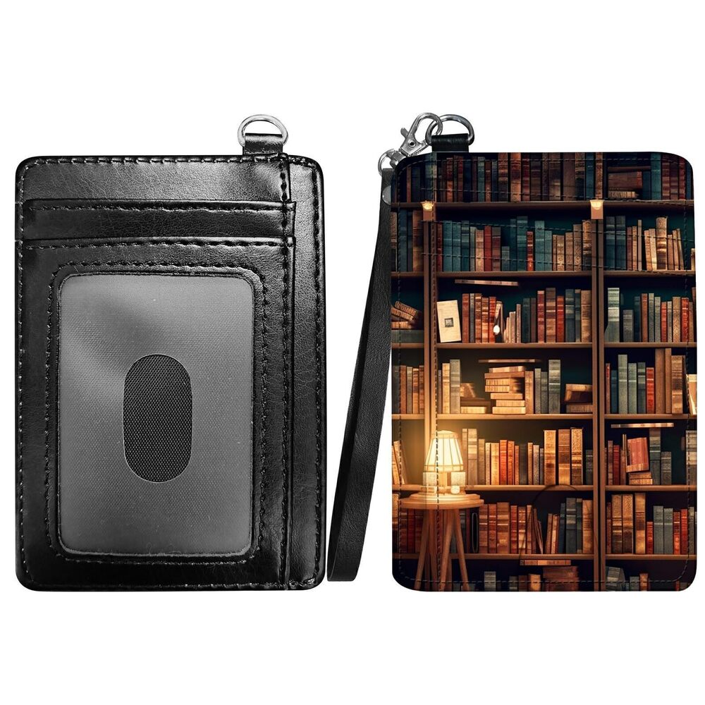 2211 Books Library Slim Minimalist Wallet with Lanyard Strap, PU Leather